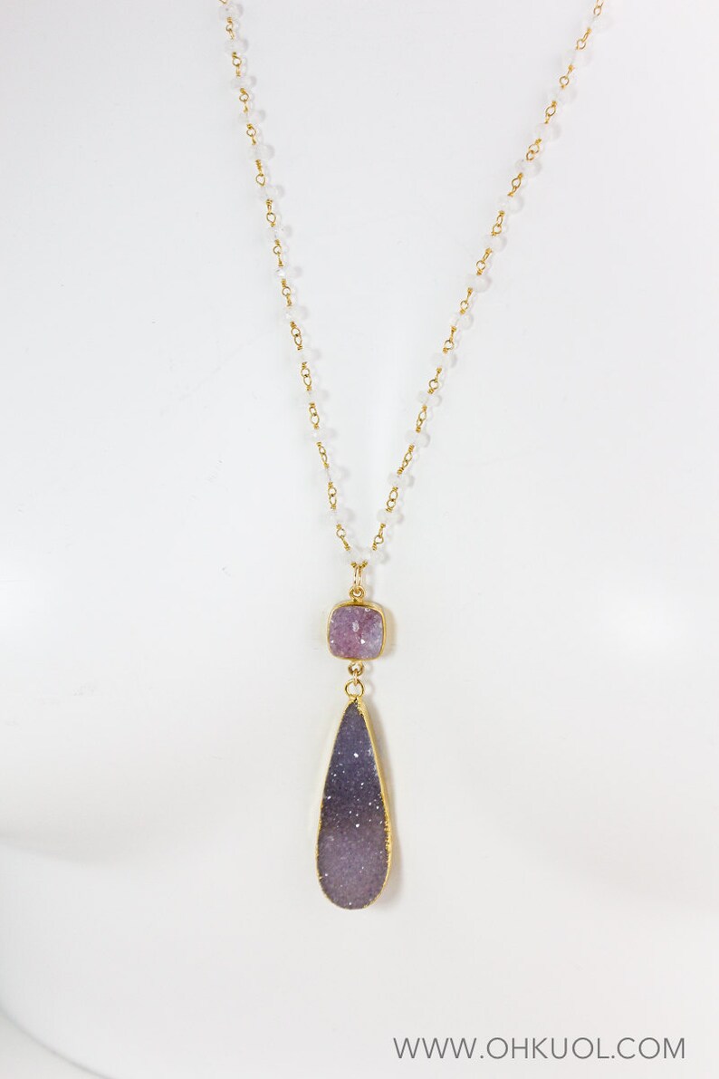 Teardrop Druzy Layering Necklace 50/% OFF SALE Pink Druzy Purple Lavender Druzy