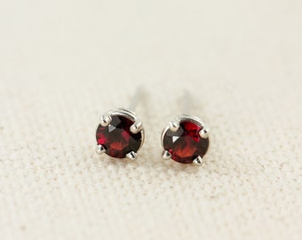 Silver Dainty Red Garnet Stud Earrings, Prong Set Round Garnet Studs, Healing Root Base Chakra Earrings, January Birthstone Studs