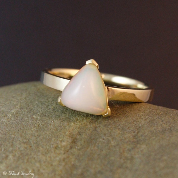 Milky White Australian Opal Ring, Pyramid Ring, October Birthdays