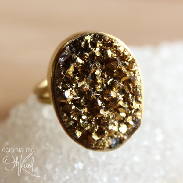 Metallic Gold Druzy Ring - Adjustable Ring - Gemstone Ring