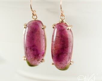 Rose Gold Watermelon Tourmaline Oval Earrings, Tourmaline Pink Stone Earrings, Watermelon Earrings