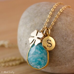 Blue Amazonite Necklace, Amazonite Teardrop, Lucky Clover Necklace, Hand Stamped Initial, image 2