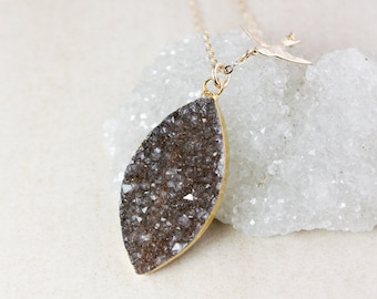 50% OFF SALE - Natural Agate Druzy Necklace, Choose Your Druzy, Swallow Charm