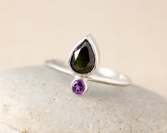 Black Tourmaline Pear Ring: Sterling Silver Birthstone Accent