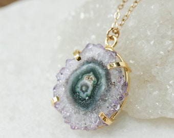 Amethyst Stalactite Pendant: Natural Purple Crystal, Gold Plated