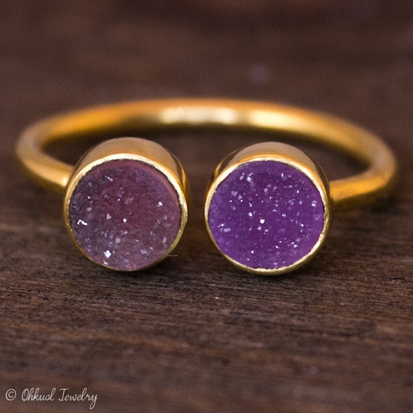 Dual Stone Ring - Double Druzy Ring - Purple Druzy, Adjustable Ring