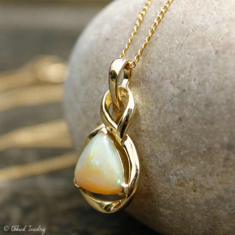 Milky White Opal Necklace, Australian Opal Necklace, Pyramid Opal, 10K Gold Setting image 2