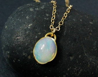 Oval Solid Opal Necklace, Milky Opal Necklace, October Opal, Colourful Opal