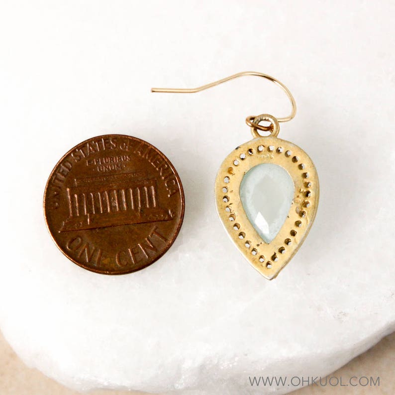 Micro-Pave White Topaz 14Kt Gold Filled Gold Aqua Chalcedony Teardrop Earrings Reverse Teardrop Earrings