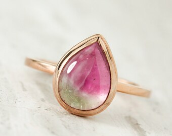 Rose Gold Watermelon Tourmaline Ring: Pear Cut Bezel Set