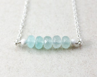 Aqua Blue Chalcedony Bar Necklace, June Birthdays, Tumbled Gemstones