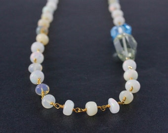 Peut inclure: Un long collier composé de perles d'opale blanche et de fil d'or. Le collier présente un pendentif plus grand, facetté, bleu clair et vert.