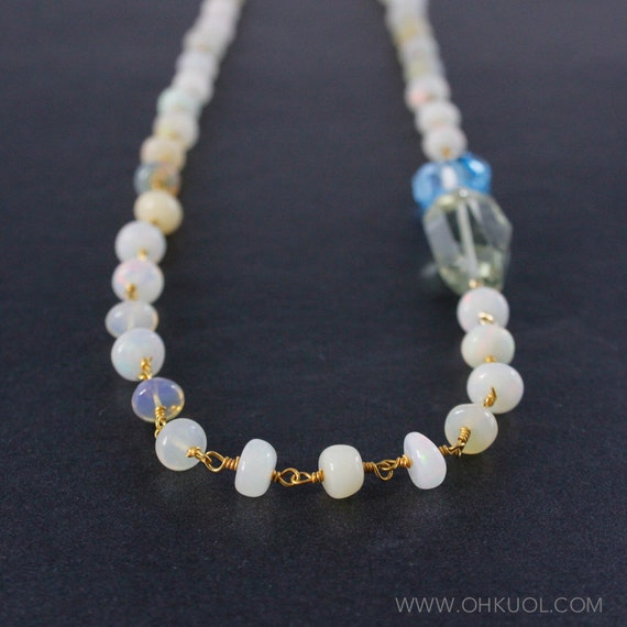 Ethiopian Opal Beaded Layering Necklace, Green Amethyst Beads & Blue Topaz Stone, October Opal