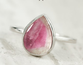 Pear Cut Watermelon Tourmaline Ring: Sterling Silver Bi-Color Gemstone