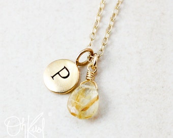 Golden Rutile Quartz Personalized Necklace, Hand Stamped Initial