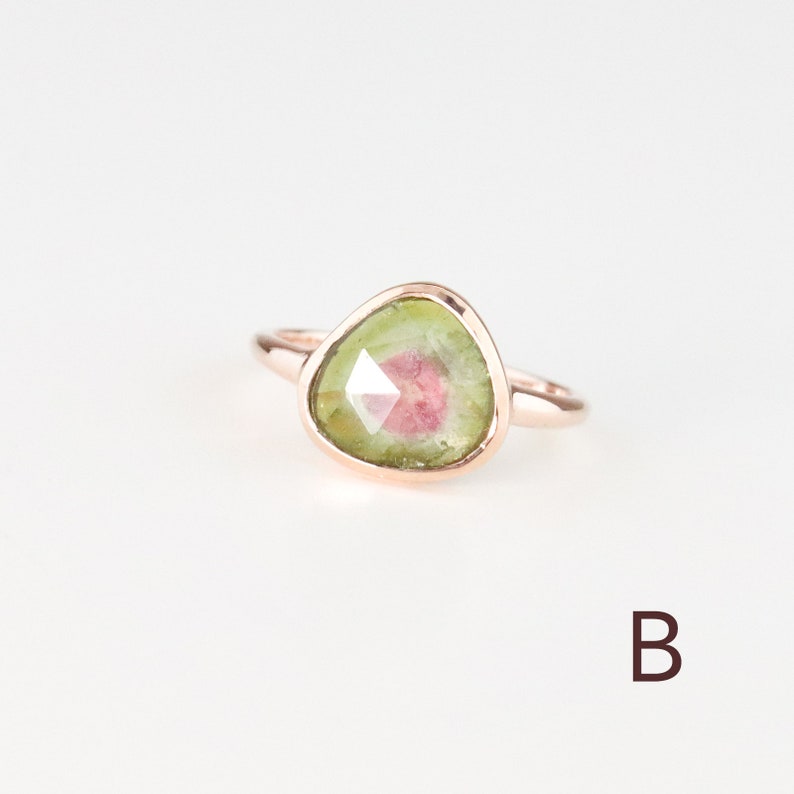 Rose Gold Rose Cut Watermelon Tourmaline Ring, Pear Cut Calming Meditation Ring, Green Pink Bi-color Tourmaline October Birthstone Ring B