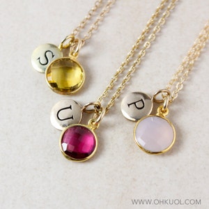 Hand stamped Initial Charm Necklace, Choose Your Stone, Gold or Silver