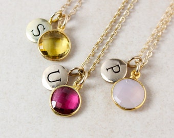 Hand stamped Initial Charm Necklace, Choose Your Stone, Gold or Silver