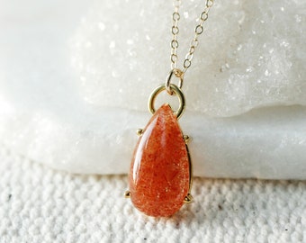 Orange Peach Sunstone Pear Pendant, Big Sunstone Teardrop Necklace, Energizing Crystal, Good Luck Pendant, Positive Energy Crystal
