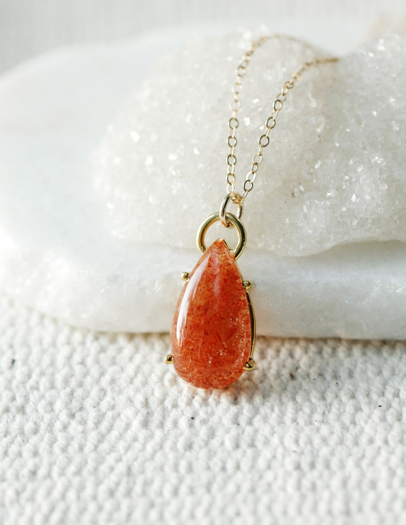 Orange Peach Sunstone Pear Pendant, Big Sunstone Teardrop Necklace, Energizing Crystal, Good Luck Pendant, Positive Energy Crystal image 1