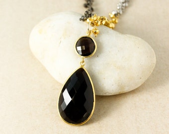 Gold Dark Smokey Quartz Teardrop Necklace, Pyrite Chain, Edgy, Layering Necklace