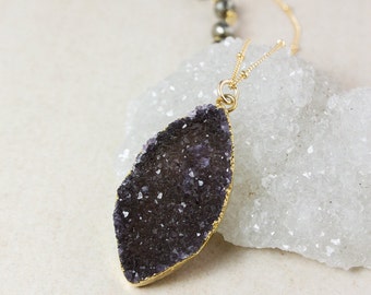 Black Agate Druzy Necklace, Grey or Black Druzy, Black Pyrite Chain