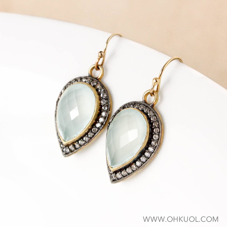 Micro-Pave White Topaz 14Kt Gold Filled Gold Aqua Chalcedony Teardrop Earrings Reverse Teardrop Earrings