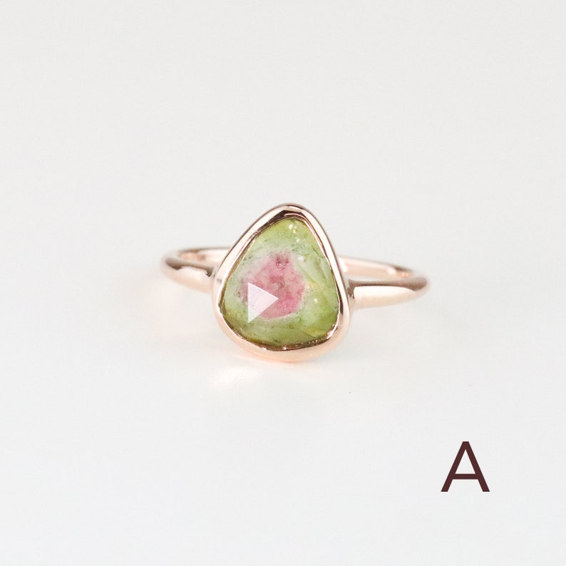 Rose Gold Rose Cut Watermelon Tourmaline Ring, Pear Cut Calming Meditation Ring, Green Pink Bi-color Tourmaline October Birthstone Ring A