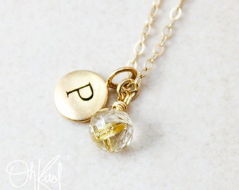 Rutilated Quartz Necklace: Gold Filled or Sterling Silver, Initial Charm
