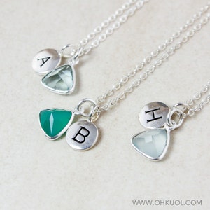 Silver Initial Charm Necklace: Green Onyx, Chalcedony, Quartz