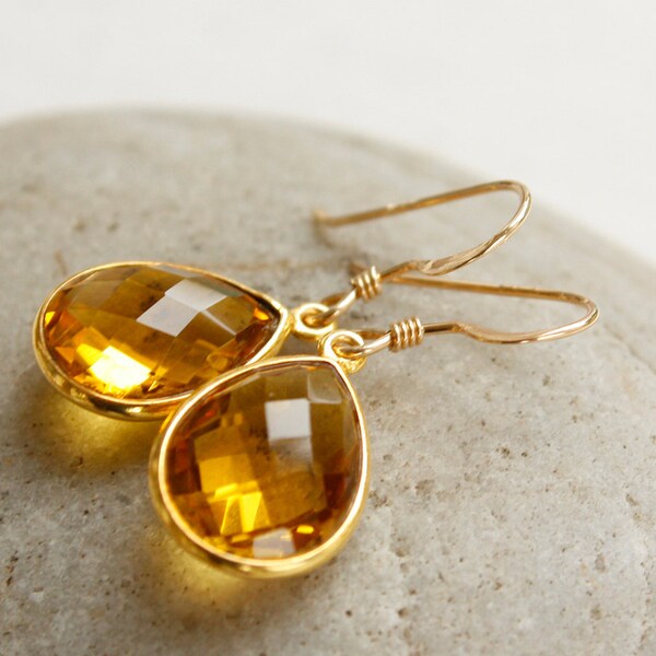 Gouden November Citrien edelsteen oorbellen - November Birthstone - honing Drops