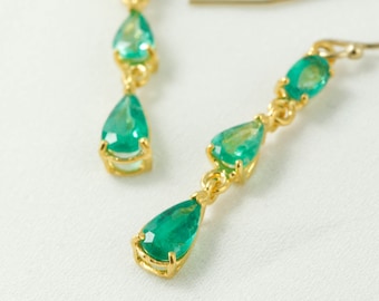 Yellow Gold Emerald Drop Earrings: Raw Green Gemstone, May Birthstone