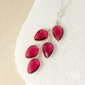 Silver Ruby Quartz Waterfall Necklace, Red Ruby Quartz Pendant, July Birthstone