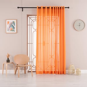 Custom Size Grommet Curtains, Faux Linen Sheer Drapes for Wide Windows, Orange Living Room Panels, Oeko-Tex Eco-Friendly Decor