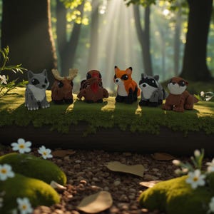 Puede incluir: Colección de figuras de animales del bosque hechas a mano, que incluyen un lobo, un alce, un pavo, un zorro, un mapache y una nutria. Cada figura está diseñada de forma única con colores y características distintivas, dispuestas sobre un tronco cubierto de musgo.