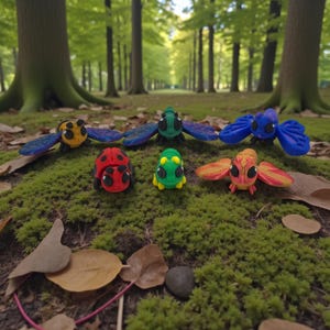 Könnte beinhalten: Eine Sammlung farbenfroher, miniaturhafter Insektenfiguren, darunter ein Marienkäfer, ein gelb-blauer Käfer und ein grün-gelbes Insekt. Die Figuren sind auf einem Bett aus grünem Moos angeordnet, mit einem verschwommenen Waldbild im Hintergrund.