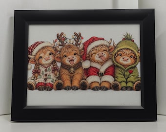 Cute Highland Cows Christmas Canvas Print, framed wall art, UV printed, 9 x 12 inches