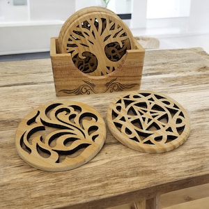 Laser Cut Wood Coaster Set, Geometric Designs Coasters, 4 Inch Diameter Coaster, Wooden Table Protection, Set of Six