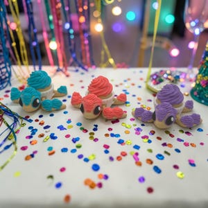 May include: Three novelty cupcake-shaped creatures with blue, red, and purple frosting. Each has a cupcake base and decorative elements. The scene is set on a white surface with colourful confetti and party decorations in the background.