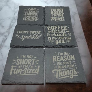 Laser Engraved Coasters, 4 Inches Square, Set of 6 Designs, Drink Coasters, Personalized Coasters, Unique Gift