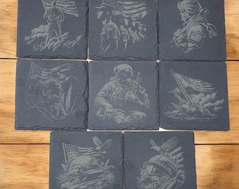 Laser Engraved Military Slate Coaster Set: 4-Inch Square