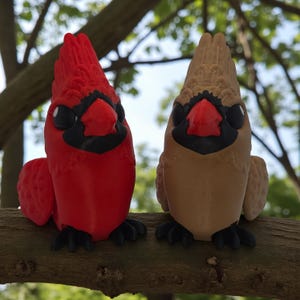 May include: Two 3D-printed cardinal bird figurines, one bright red and the other tan, perched on a tree branch. The birds have black accents around their eyes and beaks, with a detailed feather texture. The background shows a blurred view of green leaves and blue sky.