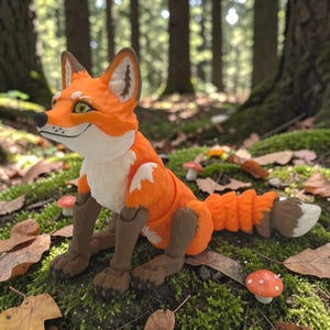 May include: An orange and white fox figure with articulated joints, posed on moss. The fox has a long, bushy tail and brown paws. Small red and white mushroom figures are scattered around the fox, creating a forest scene.