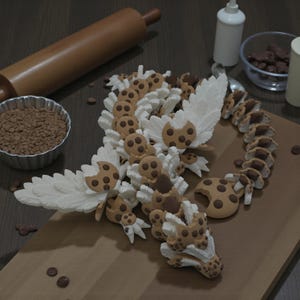 May include: A whimsical, edible dragon sculpture made of cookies and cream, with chocolate chip accents. The dragon is arranged on a wooden cutting board, with a rolling pin and chocolate sprinkles in the background. A creative and delicious dessert.