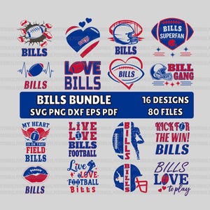 Op de afbeelding: Een digitale bundel van 16 ontwerpen met het woord "BILLS" en voetbalafbeeldingen. De ontwerpen bevatten harten, helmen en voetballen in rood, wit en blauw. De bundel bevat 80 bestanden in SVG-, PNG-, DXF-, EPS- en PDF-formaten.