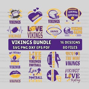 Op de afbeelding: Een digitale collectie van 16 paarse en gele grafische ontwerpen met football-thema's, helmen en de tekst VIKINGS BUNDLE, 16 DESIGNS, SVG PNG DXF EPS PDF, 80 FILES. De afbeeldingen bevatten harten, lippen en diverse sport-slogans.