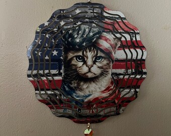8 inch Wind Spinner with Crystal Dangle, Patriotic Cat