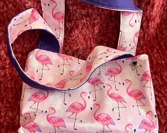 Handmade sewn shoulder strap purse, small - pink flamingo and purple
