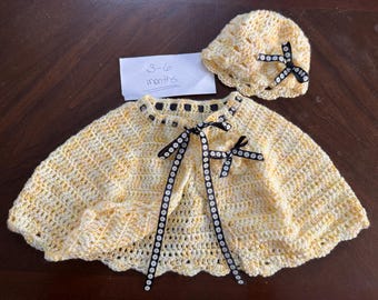 Crocheted girls capelet with matching hat/bonnet, size 3-6 months, yellow and white