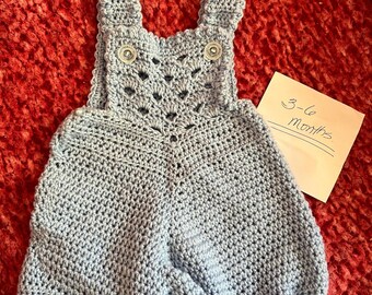 Crocheted baby romper outfit, size 3-6 months, boy or girl, light blue